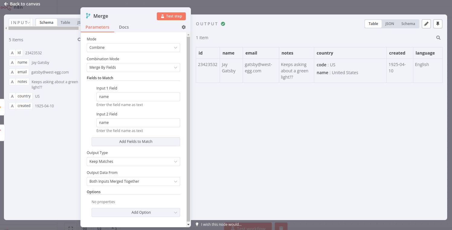 Output of Merge node with option to keep matches
