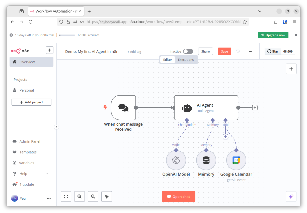 Screenshot of n8n cloud